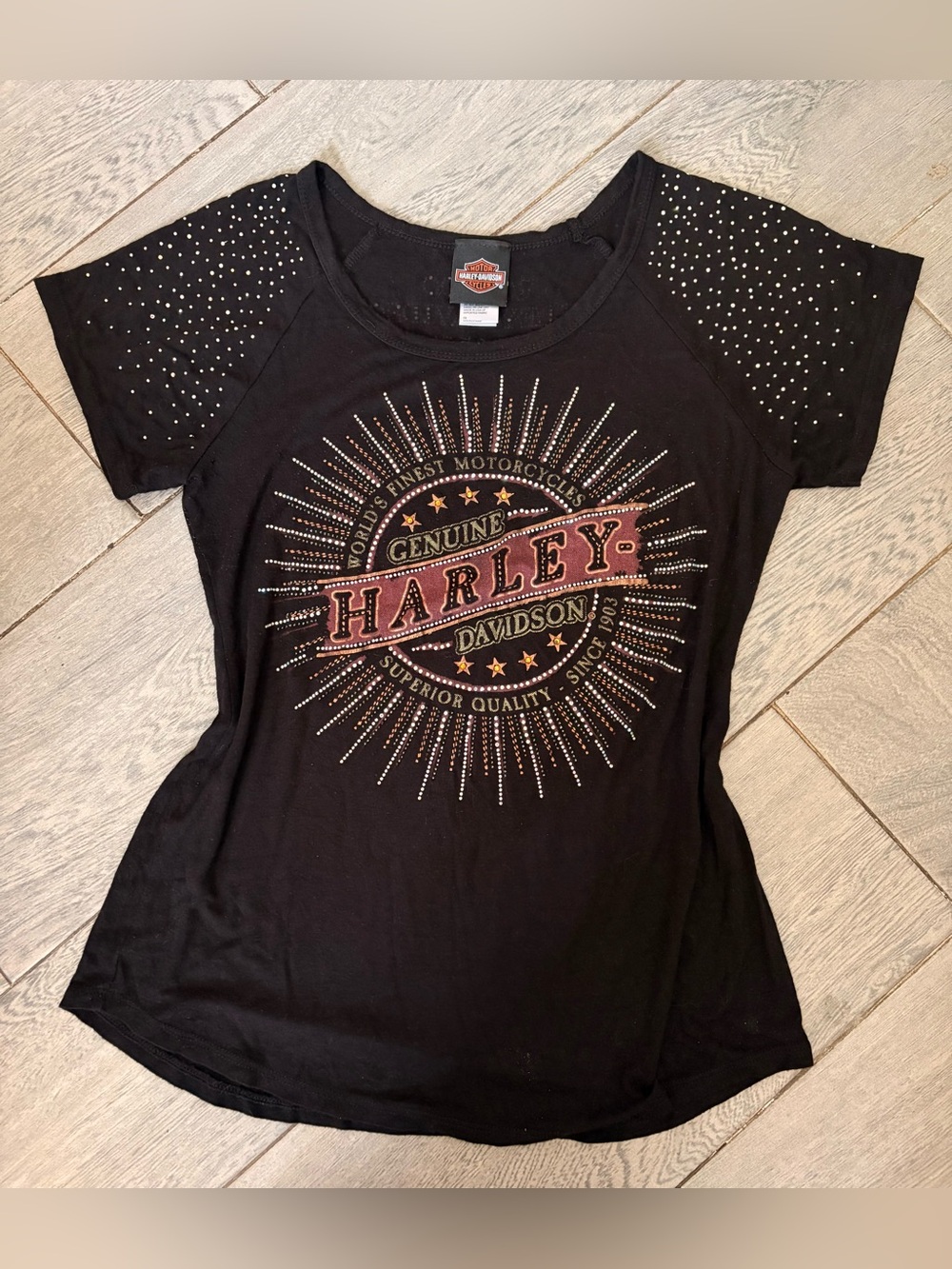 Harley-Davidson Black Short Sleeve Tee with Studded Shoulders and Metallic Logo